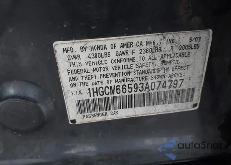 2003 Honda Accord 3.0 Ex from USA, damaged, VIN 1HGCM66593A074797